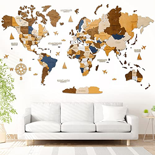 WOW WOOD® Mapa del mundo de madera en italiano – Decoración mural de alta calidad | Montaje en pared sin herramientas | Idea regalo para cualquier ocasión (113,00 x 213,00 cm, multicolor)