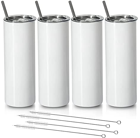 Happysnow Lot de 4 tasses à sublimation fines et droites, en acier inoxydable, avec couvercle et paille