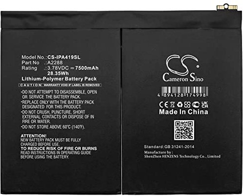 Cameron Sino Batterie de rechange pour A2072, A2316, A2324, A2325, iPad 13.1, iPad 13.2, iPad Air 4, iPad Air 4 10,9 2020 PN : A2288 7500 mAh / 28,35 Wh