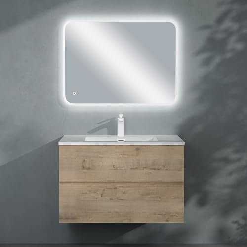 Sogood doporro Meuble de Salle de Bain Suspendu 80x48x50cm Ensemble de 3 Pièces Meuble avec Lavabo Solid Surface et LED Miroir Design Aqualis