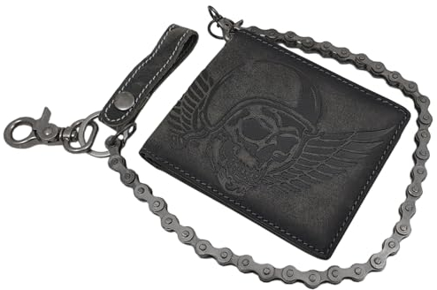 Echt Büffel-Vollleder Geldbörse / Geldbeutel / Portemonnaie in Hoch- oder Querformat mit Metallkette und Totenkopf-Motiv mit RFID & NFC Schutz in Vintage-Grau (Modell 2 / Querformat / Vintage-Grau)