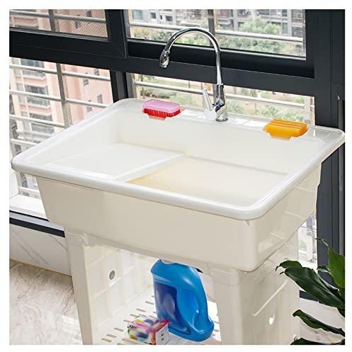 Station de lavage des mains portable avec robinet d'eau chaude et froide – Évier extérieur autonome avec planche à laver pour buanderie, garage, cave, jardin – évier utilitaire en plastique