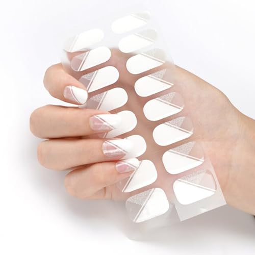 16 Pieces Semi Cured Gel Nail Polish Strips Full Nail Wraps Soft Self Adhesive Natural Gel Nail Art Stickers White French Manicure Kit for Women and Girls