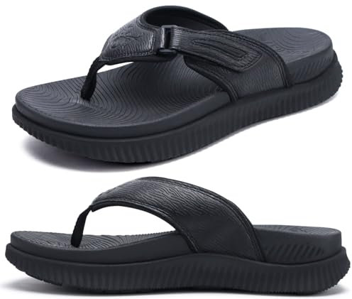 Mens Leather Flip Flops Men's Recovery Walking Sandals Orthotic Thick Athletic Cushion Sport Slider for Man Outdoor Summer Beach Water Sandals with Comfortable Plantar Fasciitis Arch Support,9 Black