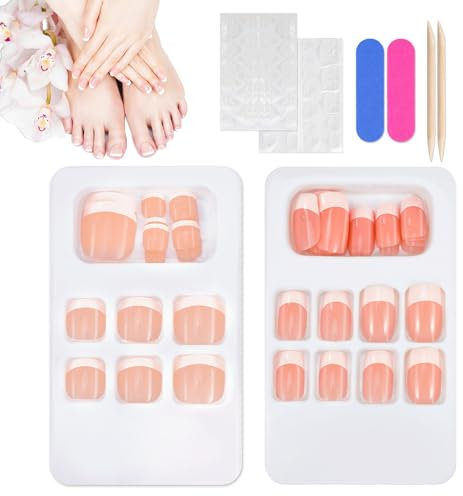 JSRQT Faux Ongles Faux Ongle Pied French Acryliques Artificiels Couverture Complète Ongles Nail Art Tip Ongle pour Femmes Filles Pieds Ongles Conseils Capsule Ongle Pied French Bricolage Pied Manucure