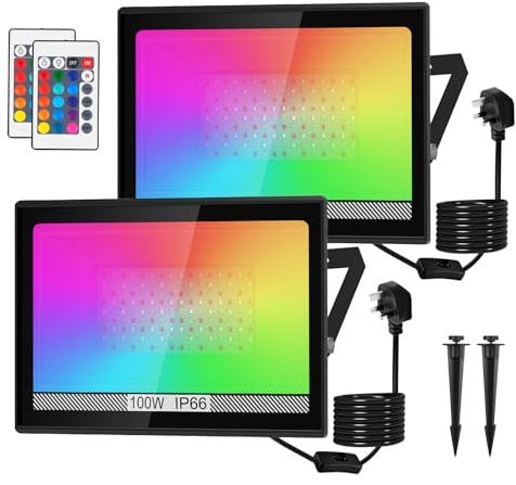 NATPOW LED Floodlight Outdoor, Flood Lights Colour Changing, 100W Floodlights with Remote Control 15 Colours - Warm White, IP66 Garden Wall Light for Landscap, Stage Hallowen Decoration(2 Pack)