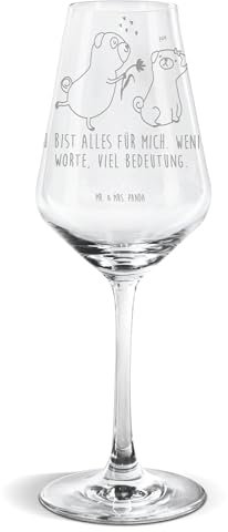 Mr. & Mrs. Panda Weißwein Glas Mops Verliebt - Geschenk, Hochwertige Weinaccessoires, Vierbeiner, Spülmaschinenfeste Weingläser, Weißweinglas, Liebe,