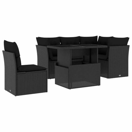 vidaXL 6-TLG. Garten-Sofagarnitur mit Kissen Schwarz Poly Rattan