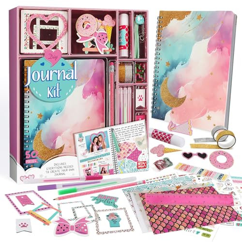 EDUMAN Tagebuch Mädchen DIY Scrapbook Set Bastelset, Geschenk für Mädchen 6 7 8 9 10 11 12 13 14 Jahre, Tagebuch Set & Schulbedarf, Kreative Geschenke für Mädchen im Alter von 6-14 Jahren (Rosa)