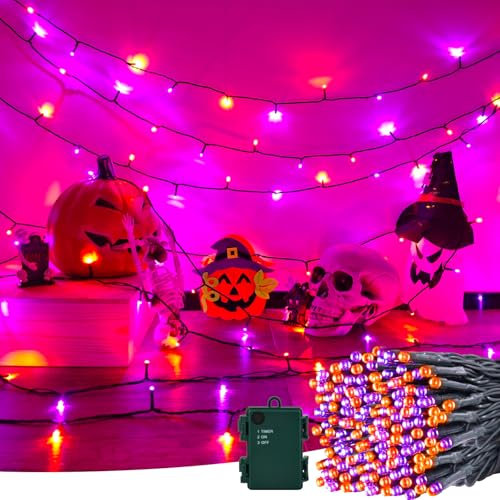 Etopgo Halloween Deko Lichterkette, 5M 50LED Orange Lila Lichterketten Batterie mit Timer, IP65 Wasserdicht Halloween Dekorationen Outdoor für Innen Außen, Party, Garten
