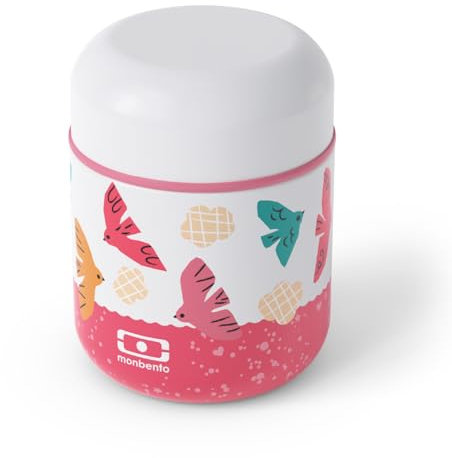 MONBENTO - Fiambrera Termica Niños MB Capsule rosa Birds - Fiambrera Acero Inoxidable Infantil para Comidas Calientes/Frías hasta 5 horas - Lonchera para Niños Ideal para Fruta/Compotas/Puré - Pájaros