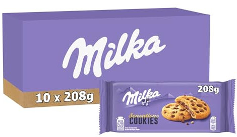 MILKA - Cookies Sensations - Lot de 10 Sachets de Cookies aux Pépites de Chocolat au Lait et Cœur Fondant Chocolaté - Format Familial Pratique pour le Goûter - Lot de Biscuits - Lot de 10x208g