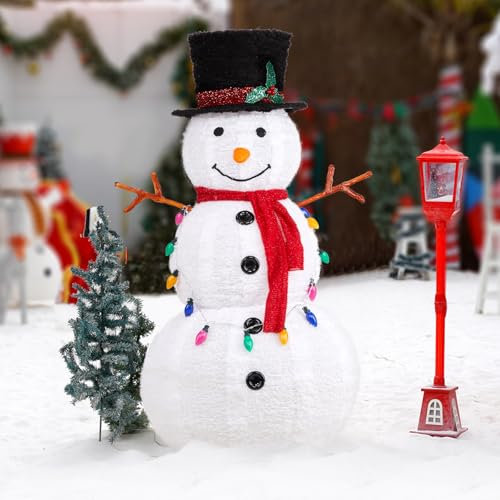 Bonnlo 120cm LED Schneemann Deko, Weihnachtsdeko Aussen & Innen, Pop-up Schneemann Figur mit warmweiß & bunt LEDs, Beleuchtete Weihnachtsfigur mit Bodenpfählen, Weihnachtsbeleuchtung für Garten Balkon