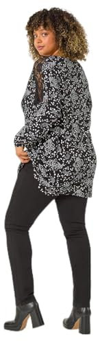 Roman Curve Lace Shoulder Paisley Top for Women UK - Ladies Everyday Autumn Winter V-Neckline Comfy Soft Evening Vacation Work Party Night Out - Black - Size 18