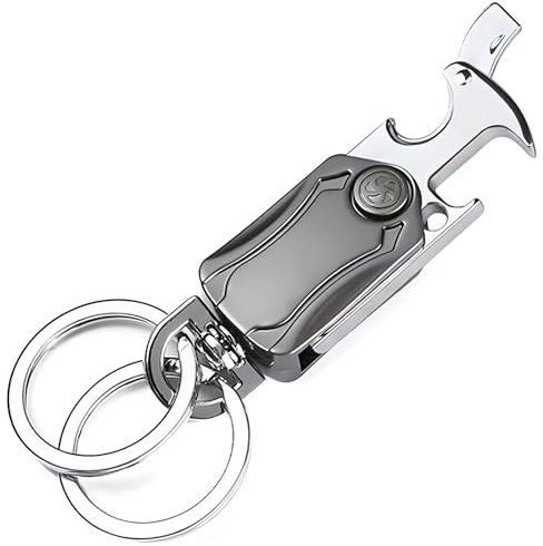 6-in-1 Multi-Tool Keychain: Durable Aluminum Bottle Opener with Phone Holder & Gyro Spinner - Secure Keyring for Keys/Bags/Belts - Outdoor, Travel, EDC (Black) 1 Pack