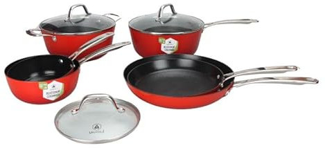 LAGUIOLE, Set de Cuisine en Fonte Légère 9 pièces, Rétention de Chaleur Optimale, Antiadhésif, Design Élégant, Tous Feux, Induction, 100% Fonte, Rouge, Casseroles 16-18cm, Poêles 24-28cm, Rouge