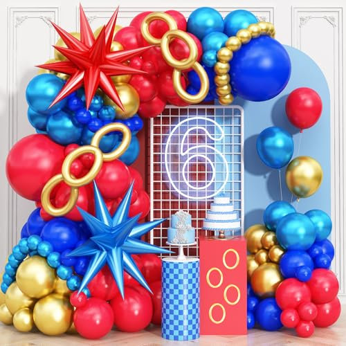 Red Blue Gold Balloons Arch Royal Blue Red Balloons Garland Metallic Gold Latex Balloon with Explosion Star Foil Long Balloon for Birthday Party Decorations Carnival Circus