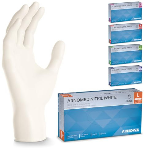 500x ARNOMED® Guanti nitrile L Bianco, Guanti monouso senza polvere e lattice, Guanti plastica usa e getta dermanytril, Per cucina, pulizia casa, alimenti e tattoo XS, S, M, L, XL