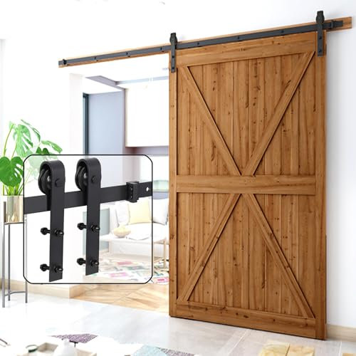 Kit de herrajes para puerta corredera de granero individual de 366 cm, kit de herrajes para puerta corrediza para uso en interiores y exteriores