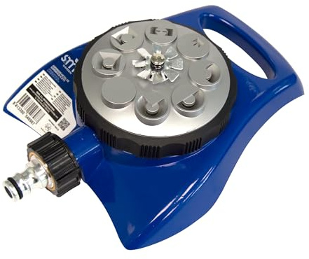 S&M 548987 – Flächenregner mit 8 Strahlarten, blaues Metall, mit automatischem Schlauchanschluss, Drehregler aus Aluminium mit 8 Düsen zur Anpassung der Bewässerungsart