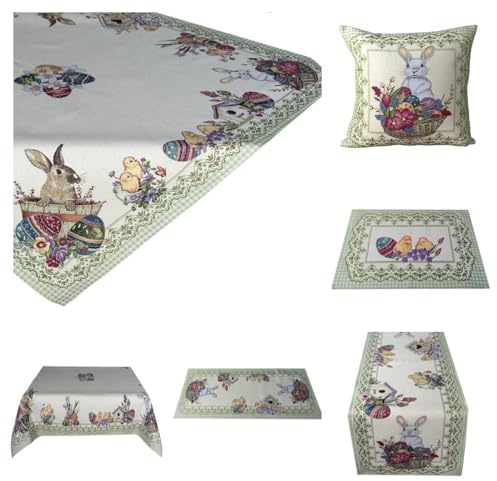 Tischdecke Mitteldecke Tischläufer Ostern Osterhase mit Körbchen Ecru grün Stoff Gobelin Baumwollmischung (45 x 140 cm)