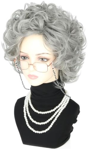 CGVG Alte Damen Kostüm Set Oma Perücke mit Brille Brillenkette Perlenkette Oma Kostüm Zubehör Alte Frau Großmutter Granny Old Lady Grandma Cosplay für Halloween Karneval Fasching (Grau)