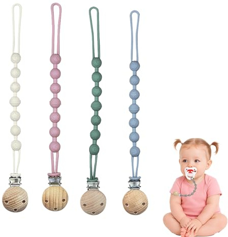 4Pcs Silicone Dummy Clip Chain Portable Wooden Pacifier Clips Multi-Use Secure Bibs Dummies for Babies Boys Girls Daily Outings Travel Park Families Hospitals (Green, Blue, Beige, Pink)