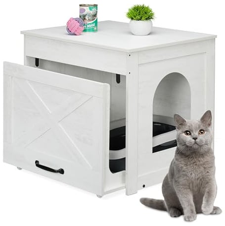 Relaxdays Mobile da Lettiera Nascosta per Gatti, Mobiletto con Cassetto e Tiragraffi, HLP 53,5x60x51,5 cm, Bianco Grigio
