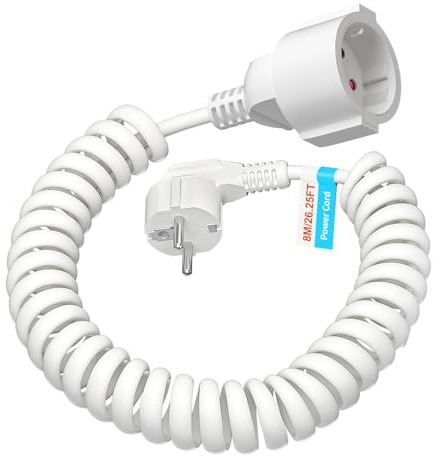 8M Schuko Verlängerungskabel, Schutzkontakt Spiralleitung dehnbar bis 8M Max, IP20 Verlängerungsleitung (230V/16 A), Spiralkabel 3 x 1,0 mm² mit Schuko Stecker & Kupplung, Weiß