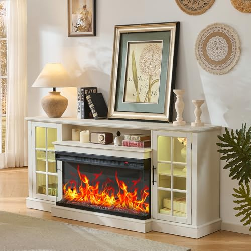 ROCKPOINT - 70 Inch 3-Sided Glass TV Stand for TVs up to 80 Inches, Media Entertainment Center with Glass Door for Living Room, 36 Electric Fireplace