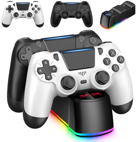 Lot de 2 manettes avec station d'accueil de charge pour manette PS4, manette sans fil compatible avec les consoles PS4/Pro/Slim, avec station de charge LED, noir et blanc
