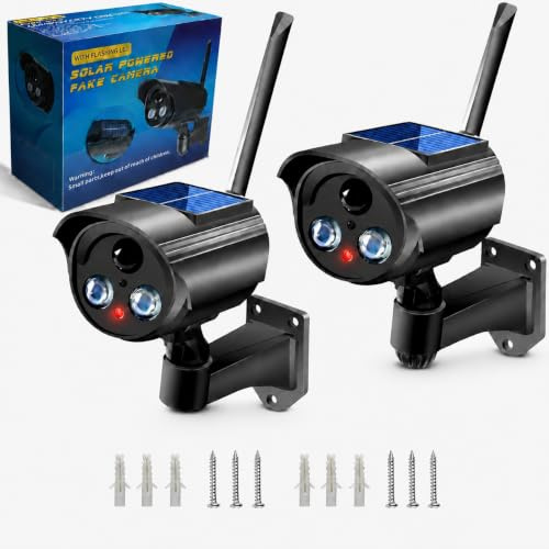 2Stk Attrappe Kamera Solar Dummy Kamera mit LED Blinklicht - Dummy Überwachungskamera mit Solarpanel & Batterie, Wetterfest & 360° CCTV Sicherheitskamera Attrappe zur Einbruchschutz Abschreckung