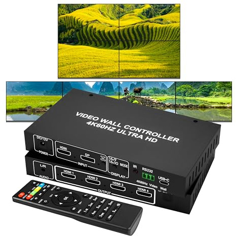 BOOBRIE 4K60 1x4 Video-Wand-Controller, FPGA-basiert, 4-Wege-HDMI-Splitter, True 4K @ 60Hz, HDMI- und DP-Eingang, unterstützt 2x2, 1x4, 4x1, 1x3, 3×1, Multi-Display-Modus, 180° Drehung, Kantenmaske