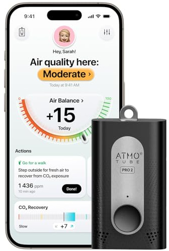 Atmotube PRO 2, batteriebetriebener, tragbarer professioneller Luftqualitätsmonitor für den Außen- und Innenbereich [Tester für PM, CO2, VOCs, NOx, Temperatur, Luftfeuchtigkeit und Luftdruck]