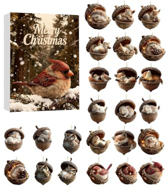 Waldtier Eichels Adventskalender 2025, Tier Adventskalender Mit 2D Flachacryl Tiermotiv Anhänger Weihnachts Countdown Kalender Für Freunde Kinder Familienbaum Fenster Wand Tür Kamin