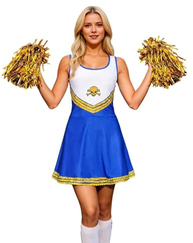 Generisch Cheerleader Kostüm Damen Cheerleading Outfit 2pc Kleid Frauen Cheer Uniform mit Pompoms Cheerleading Kleidung für Faschingskostüme Halloween Karneval Party Midikleid