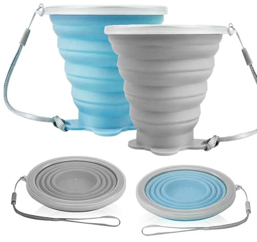 vcsjw Lot de 2 gobelets pliables en silicone avec couvercle et cordon pour l'extérieur, le camping, les voyages, les pique-niques, réutilisables (gris, bleu)