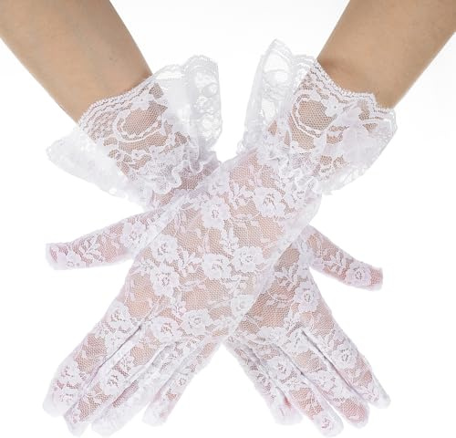 Tyqour Spitze Handschuhe Damen Kurze Weiß Spitzenhandschuhe Damen Netzhandschuhe Weiß Elegant Kurze Handschuhe für Teeparty Halloween Abschlussball Cosplay
