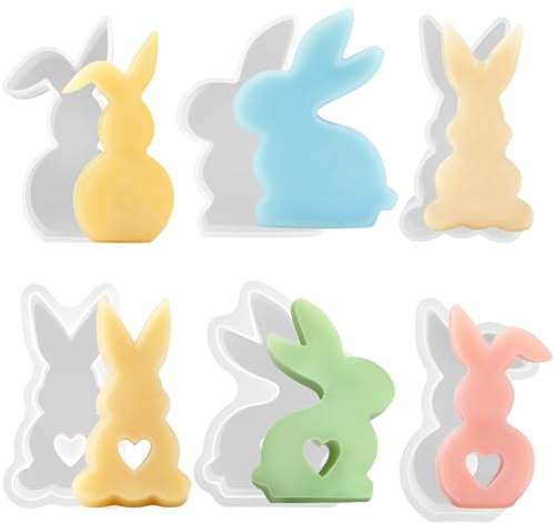 6 Stück Ostern Silikonformen Gießformen Set Osterhase Silikonform 3D | Silikonmaterial, Für Kerzen Seife Gips, 6 Verschiedene Hasenmotive, Glatte Oberfläche, Leichtes Entformen, Wiederverwendbar