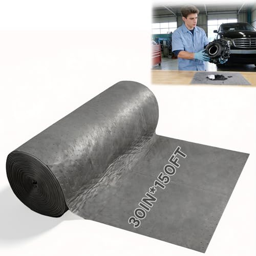 150' L x 30 W Absorbent Mat Roll, Heavyweight Oil and Watter Pads Absorbs up to 40.2 Gallons, Polypropylene Meltblown Maintenance Absorbent Bonded Roll, for Protecting Home Garage Basement