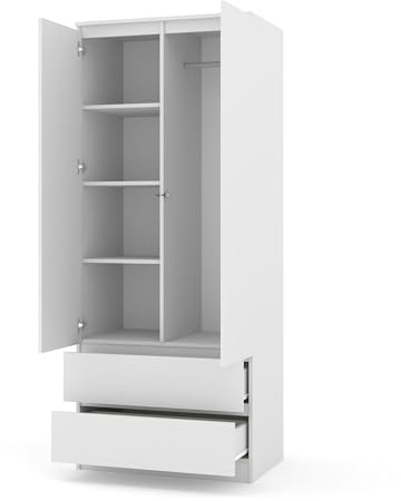 Homlando Kleiderschrank 80 cm Schrank mit 2 Schubladen, 2 Türen, Garderobenschrank für Schlafzimmer & Flur, Wäscheschrank mit Kleiderstange & Regalböden, Robuste Laminatplatte, Serie Maja (Weiß Matt)