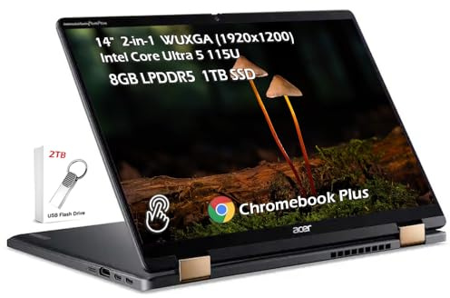 Acer Chromebook 2-in-1 Plus Spin 714 with Google AI, 14 WUXGA IPS Touch, Intel Core Ultra 5 115U, 8GB LPDDR5 1TB SSD, Backlit KB Wi-Fi6E Bluetooth Chrome OS, Steel Gray, w/2TB USB Drive, W/GaLiMu