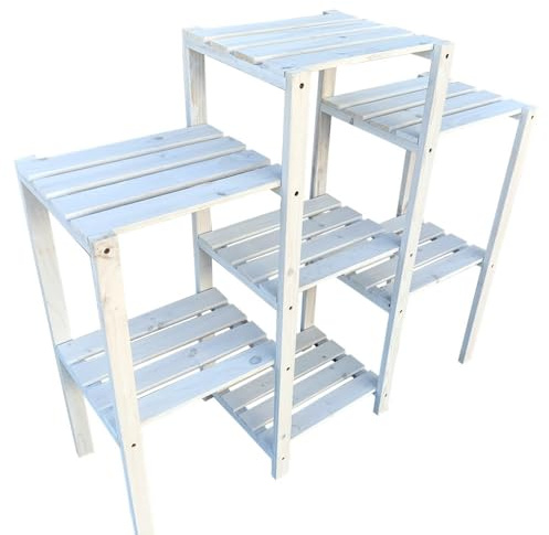 Mucola Blumentreppe Pflanzentreppe 7 Ebenen 97x31x87 cm Fichtenholz Weiß | Kaskadenform im Panel-Design, stabile Konstruktion für schwere Töpfe, für Wohnzimmer, Terrasse und Balkon, Blumenregal