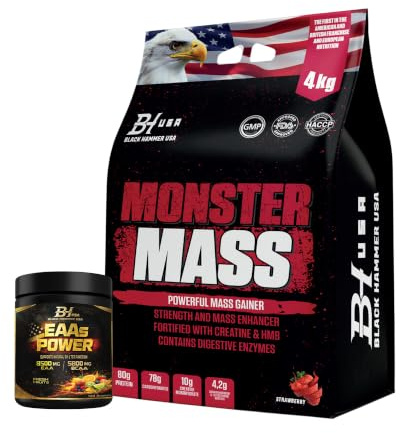 MONSTER Mass Gainer 4KG / 8KG – High Calorie Weight Gainer Protein Powder for Muscle & Mass Gain – Protein Carb Shake – Bulking Formula – FREE EAAs – Black Hammer USA (4000g, Erdbeere)