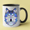 Tasse Décorative avec Motif Loup Géométrique, Design Artistique en Bleu et Violet, Mug avec Poignée Noire