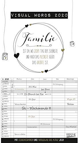 Visual Words Familienplaner 2020: Familienplaner mit 5 breiten Spalten. Typo-Art Familienkalender mit Ferienterminen, Zusatzspalte, Vorschau und vielem mehr.