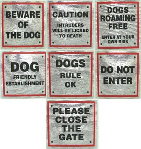 eCobbler Stick on Sign with red boarder 8x8cm - Dogs Roaming Free Enter At Own.