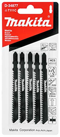 Makita 5 Piece - T Shank Wood Jigsaw Blades for Jig Saws - Fast & Straight Cuts for Soft Wood & PVC - 4 8 TPI HCS Saw Blades