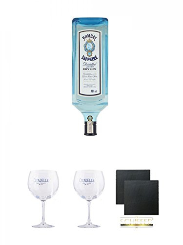 Bombay Sapphire Gin 1,75 Liter + Citadelle Ballon GIN Glas 1 Stück + Citadelle Ballon GIN Glas 1 Stück + Schiefer Glasuntersetzer eckig ca. 9,5 cm Ø 2 Stück