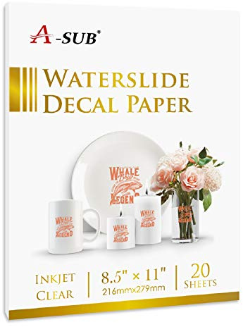 A-SUB Waterslide Decal Paper for Inkjet Printers 20 Sheets Clear Water Slide Transfer Paper 8.5x11 in for DIY Tumbler, Mug, Glass Decals